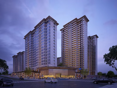 Modern High Rise Residential Buildings With Evening Lighting Street Cars And Trees 3d model