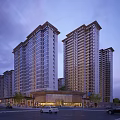 Modern High Rise Residential Buildings With Evening Lighting Street Cars And Trees