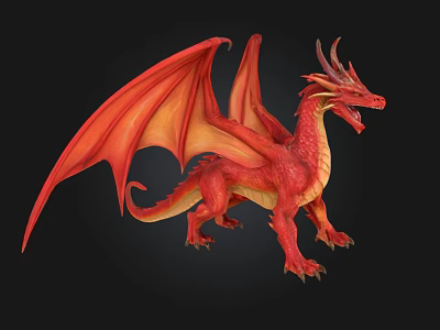 Fiery Red Mythical Dragon Statue With Expanded Wings And Scaled Body 3d model