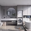 Elegant Modern Bathroom Interior Design With Round Mirror Washing Machine Bathtub And Grey Cabinets