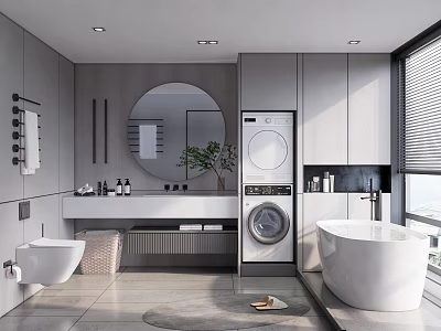 Elegant Modern Bathroom Interior Design With Round Mirror Washing Machine Bathtub And Grey Cabinets 3d model