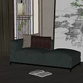 Light Gray Chaise Lounge with Cushions in Chinese Interior with Wooden Screen and Ink Painting