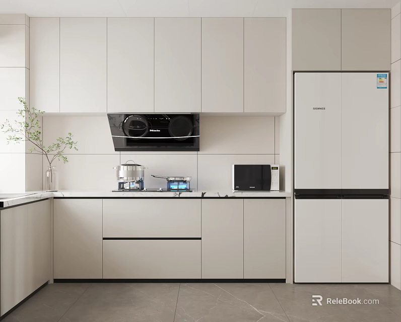Modern White Kitchen Interior With Cabinets Countertop Microwave Refrigerator And Appliances 3d model 