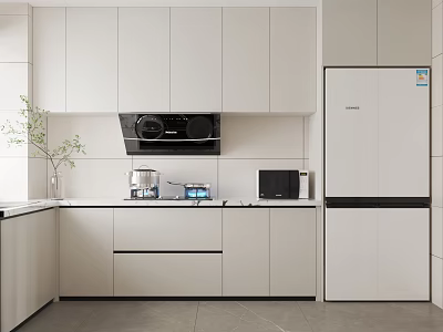 Modern White Kitchen Interior With Cabinets Countertop Microwave Refrigerator And Appliances 3d model