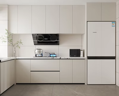 Modern White Kitchen Interior With Cabinets Countertop Microwave Refrigerator And Appliances 3d model