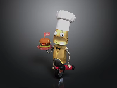 Cartoon Robot Chef Character Riding Small Motorcycle Holding Red Tray With Delicious Hamburger 3d model
