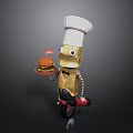 Cartoon Robot Chef Character Riding Small Motorcycle Holding Red Tray With Delicious Hamburger