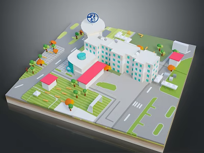 Scenic 3D Model Hospital Landscape With Building Blue Sign Green Trees Roads And Lawns 3d model