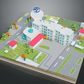 Scenic 3D Model Hospital Landscape With Building Blue Sign Green Trees Roads And Lawns