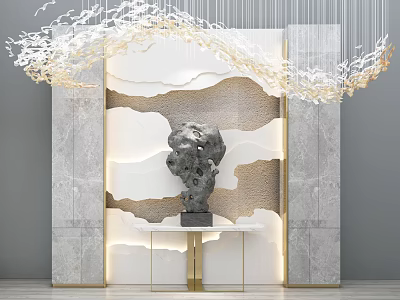 Elegant Marble Background Wall Featuring Wavy Patterns Sculpture LED Lighting Decorative Chandelier And White Table 3d model