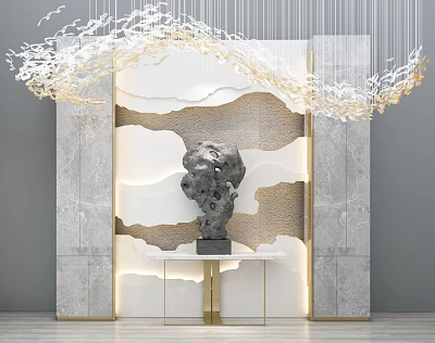 Elegant Marble Background Wall Featuring Wavy Patterns Sculpture LED Lighting Decorative Chandelier And White Table 3d model