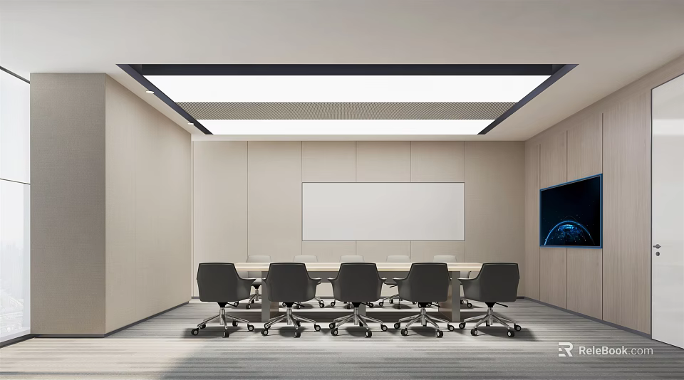 Modern Meeting Room With Long Table Multiple Chairs Whiteboard And Screen Minimalist Lighting Design 3d model 