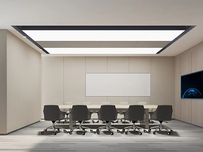 Modern Meeting Room With Long Table Multiple Chairs Whiteboard And Screen Minimalist Lighting Design 3d model
