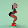 Woman Squatting Lifting Barbell in Red Sports Bra Dark Shorts Orange Sneakers Light Blue Background