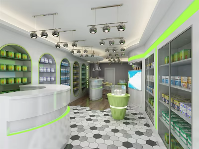 Modern Specialty Store Interior With White Green Shelves Central Display And Hexagonal Tile Floor 3d model