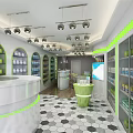 Modern Specialty Store Interior With White Green Shelves Central Display And Hexagonal Tile Floor
