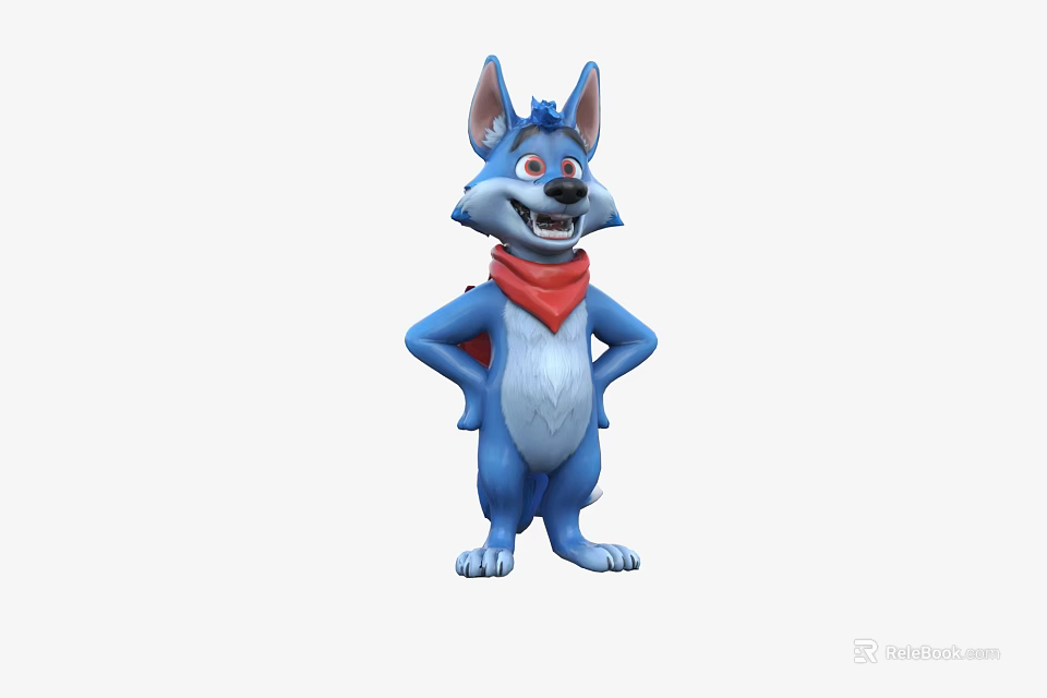 Blue Animated Cartoon Wolf Character With Red Scarf Standing Hands On Hips Pose 3d model