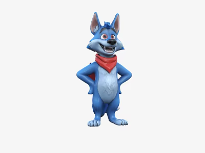 Blue Animated Cartoon Wolf Character With Red Scarf Standing Hands On Hips Pose 3d model