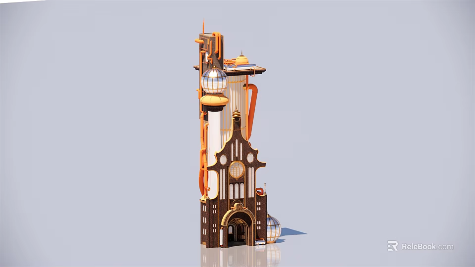 Steampunk Clock Tower Model With Mechanical Pipes Brown Orange Decorative Spire 3d model