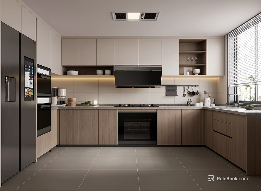 Modern Kitchen Interior Featuring Light Wood Cabinets Black Range Hood And Refrigerator 3d model 