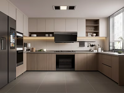 Modern Kitchen Interior Featuring Light Wood Cabinets Black Range Hood And Refrigerator 3d model