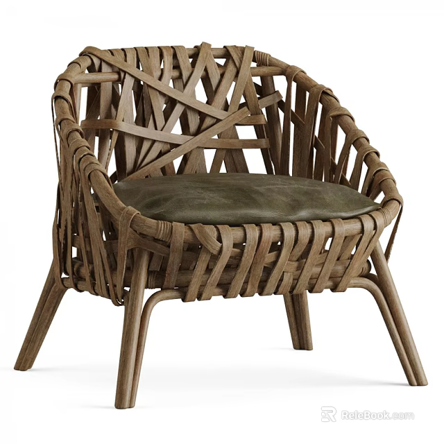 Handwoven Rattan Accent Chair With Green Leather Cushion And Wooden Frame 3d model 
