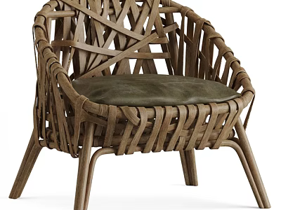 Handwoven Rattan Accent Chair With Green Leather Cushion And Wooden Frame 3d model