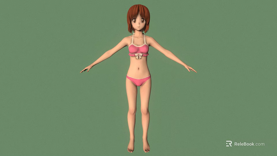 3D Female Character With Red Hair In Pink Bikini Standing On Green Background 3d model 