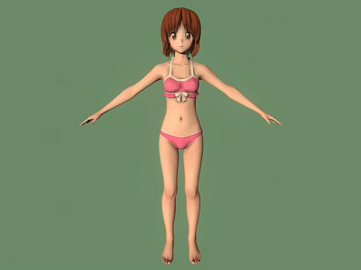 3D Female Character With Red Hair In Pink Bikini Standing On Green Background 3d model