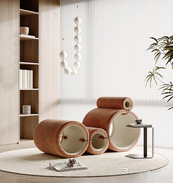 Brown Round Design Leisure Chair With Side Table And Bookshelf In Cozy Modern Room 3d model 