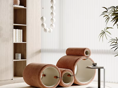 Brown Round Design Leisure Chair With Side Table And Bookshelf In Cozy Modern Room 3d model
