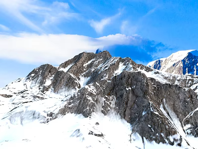 Garden Landscape With Snowy Mountain Peaks Rocky Slopes And Blue Sky White Clouds 3d model