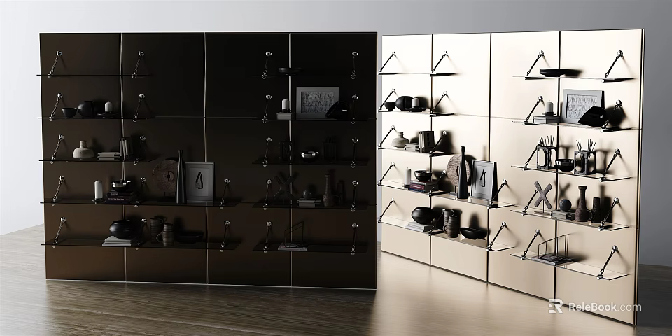 Modern Storage Shelving Unit With Glass Shelves And Decorative Items 3d model 