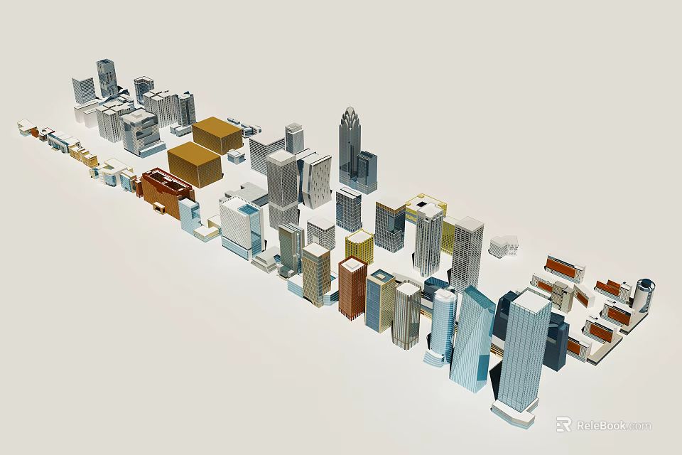 Modern Urban Building Complex With Various Colored Skyscrapers And Low Rise Structures 3d model
