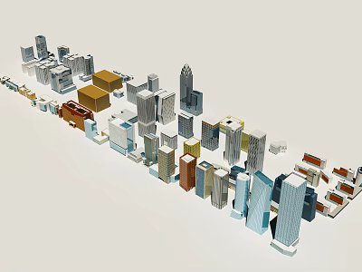 Modern Urban Building Complex With Various Colored Skyscrapers And Low Rise Structures 3d model