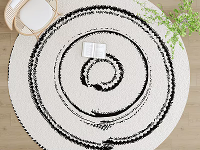 Round Rug With Black And White Spiral Pattern Open Book Chair And Plant On Wooden Floor 3d model