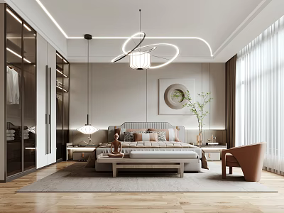 Elegant Modern Bedroom Interior With Bed Pillows Bench Glass Wardrobe And Pendant Lights 3d model