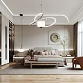 Elegant Modern Bedroom Interior With Bed Pillows Bench Glass Wardrobe And Pendant Lights