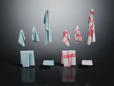 Light Blue And Red White Checkered Household Towels Folded And Hanging On Black Background 3d model