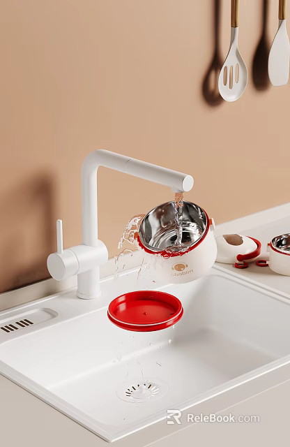 Dinnerware Set With Red Accents Under Running Water 3d model