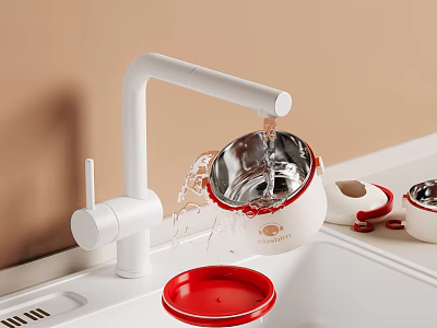 Dinnerware Set With Red Accents Under Running Water 3d model
