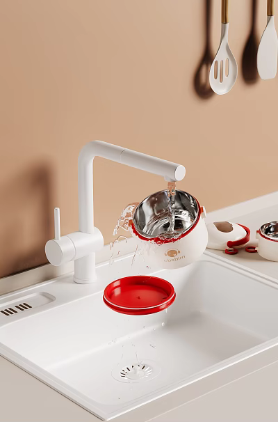 Dinnerware Set With Red Accents Under Running Water 3d model