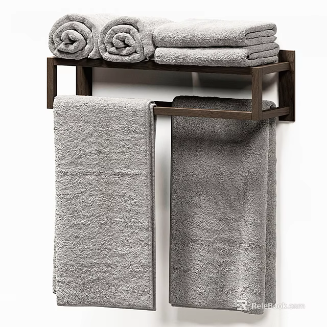 Soft Gray Bath Towels Folded And Hanging On Modern Wooden Rack 3d model 