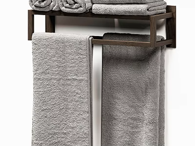 Soft Gray Bath Towels Folded And Hanging On Modern Wooden Rack 3d model