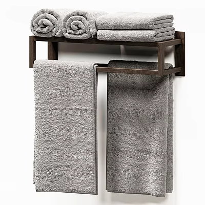 Soft Gray Bath Towels Folded And Hanging On Modern Wooden Rack 3d model