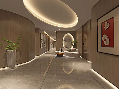 Modern Elevator Hallway With Wooden Walls Circular Ceiling Light And Decorative Paintings 3d model