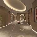 Modern Elevator Hallway With Wooden Walls Circular Ceiling Light And Decorative Paintings