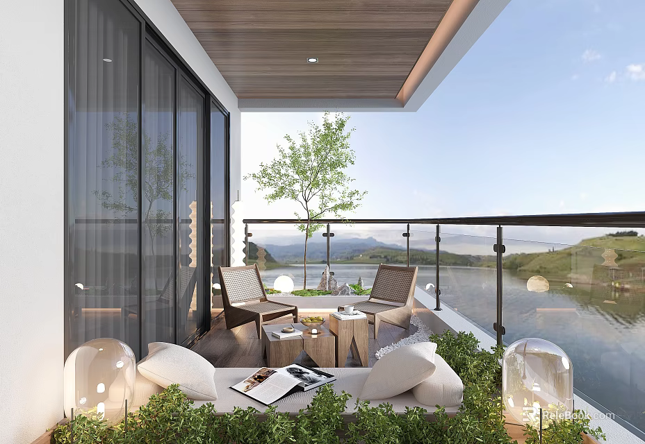 Home Balcony Featuring Glass Doors Wooden Ceiling Outdoor Furniture Green Plants And Mountain View 3d model 