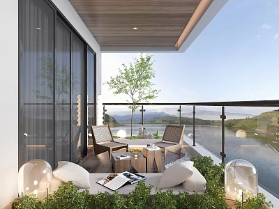 Home Balcony Featuring Glass Doors Wooden Ceiling Outdoor Furniture Green Plants And Mountain View 3d model