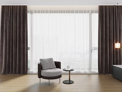 Brown Curtains And White Sheer Panels In Modern Living Room With Floor To Ceiling Windows 3d model